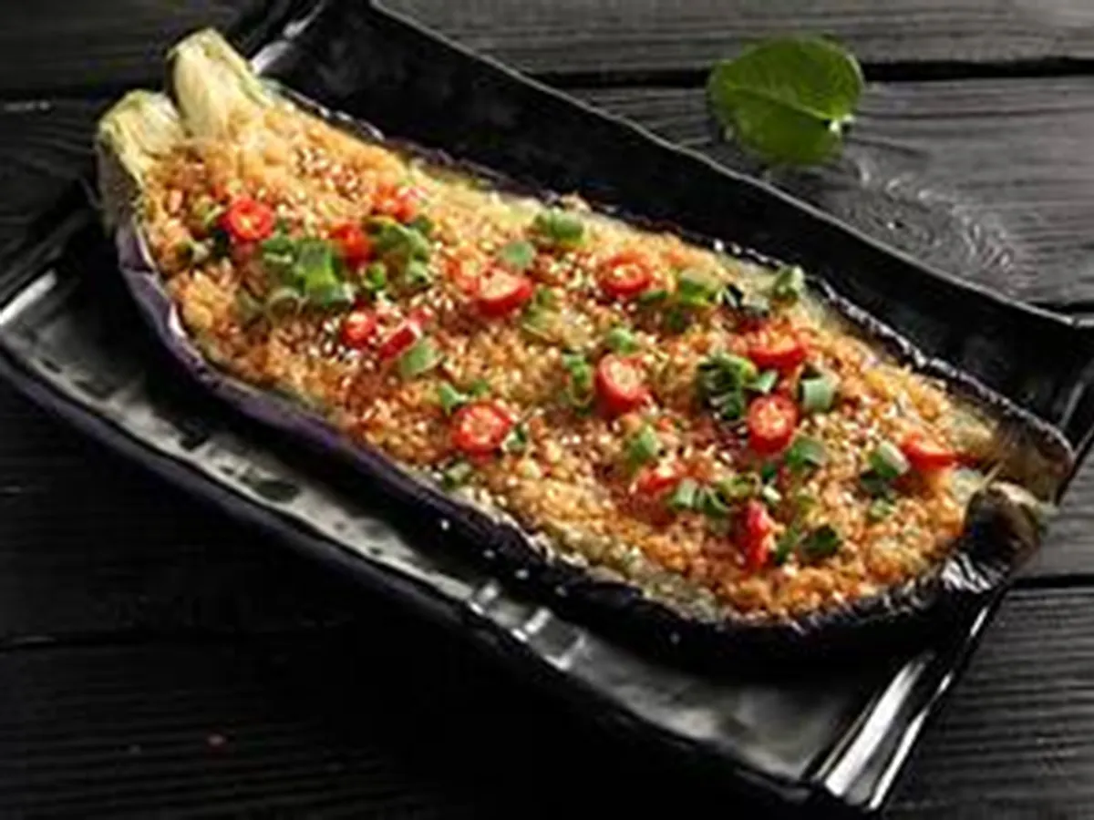 smoky eggplant with golden garlic at Gourd Bro BBQ，a Barbecue Restaurant in City of Industry